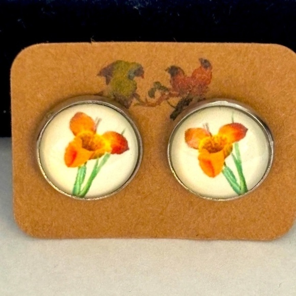 12mm Floral Print Stainless Steel Stud Earrings, Unworn, Handmade, NWT